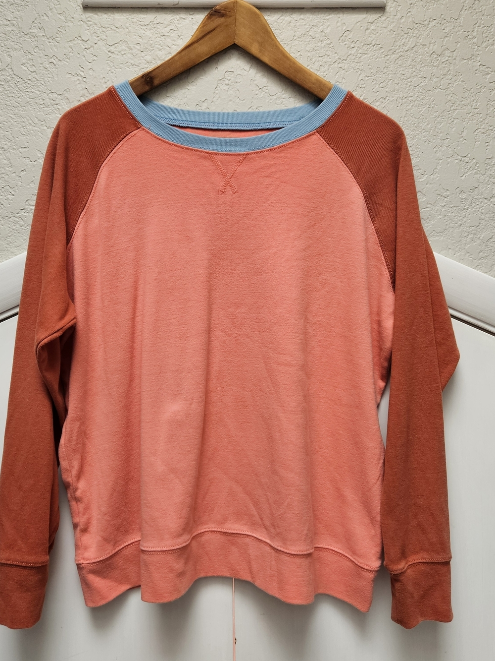 Eddie Bauer Coral Crewneck with Rust Raglan Sleeves and Light Blue Trim